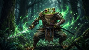 森林中青蛙武士手持發光劍，綠色能量環繞旋轉
