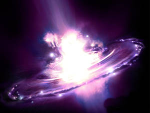 一顆紫色環狀行星在深空中爆炸，發出明亮的光芒。
