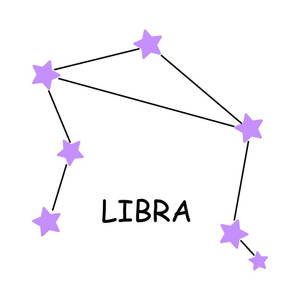 天秤座星座圖，帶有紫色星星和黑色連接線。