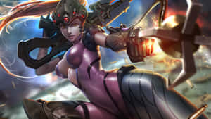 動漫風格的女戰士在戰鬥場景中發射發光武器。