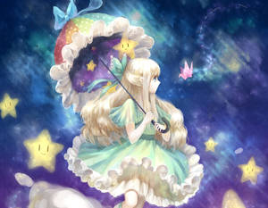 金髮動漫女孩撐著傘，在色彩繽紛的夜空中漂浮在微笑的星星之間。