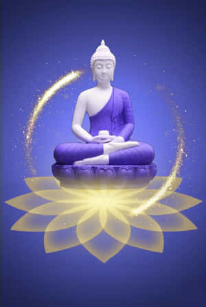 一尊佛像在發光的蓮花上冥想，背景是藍色，帶有金色火花。