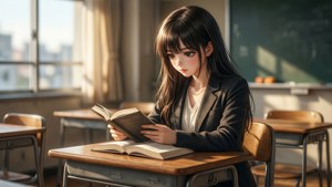 穿著校服的動漫女孩在教室的木桌上，在陽光下看書。