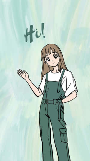 穿著工裝褲的動漫女孩在青綠色水彩背景上揮手，帶有「Hi!」文字。