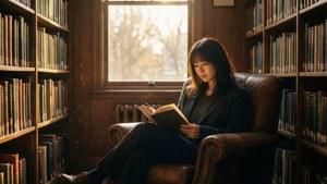 女士在陽光普照的圖書館中閱讀，周圍環繞著書架。