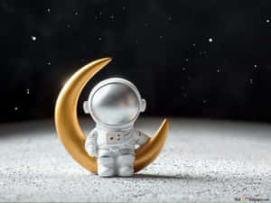 在星空下，金色新月旁邊的小太空人公仔。