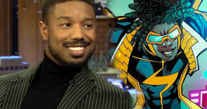 Michael B Jordan在Black Panther的漫畫版本旁微笑。 — 卡通 壁紙