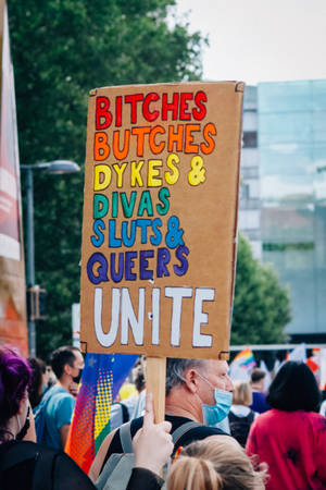 抗議者在集會中舉著寫有「Bitches Butches Dykes & Divas Sluts & Queers Unite」的標語。