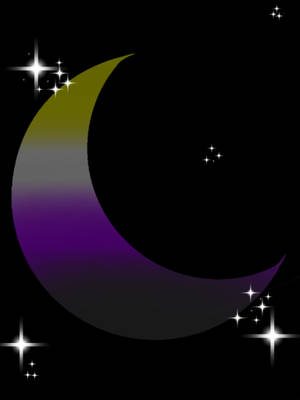在黑暗夜空中，一輪色彩繽紛的彎月與星星。