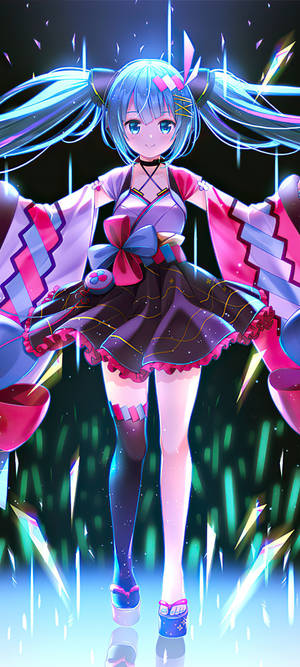 身穿粉藍色服裝的動漫女孩，在霓虹雨中伴隨電火花跳舞。 — Vocaloid 壁紙