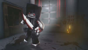 像素化Minecraft殺手在黑暗鬧鬼的房間裡拿著血淋淋的刀，有燭光和塗鴉。