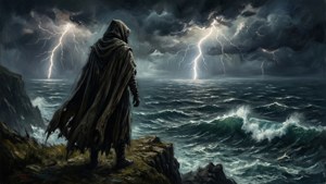 一個披著斗篷的身影站在懸崖上，觀看暴風雨的大海和閃電。