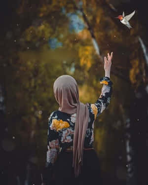 一個穿著花卉上衣和希賈布的女人在秋林中向一隻鳥伸出手。 — 鳥 壁紙