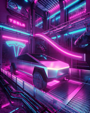 未來感十足的Tesla Cybertruck在霓虹燈工業設施中 — Tesla GIF 壁紙