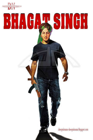 Bhagat Singh 身穿現代服裝手持AK-47嘅肖像。