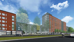 現代公寓建築，有汽車和騎單車者在城市街道上，在藍天下。