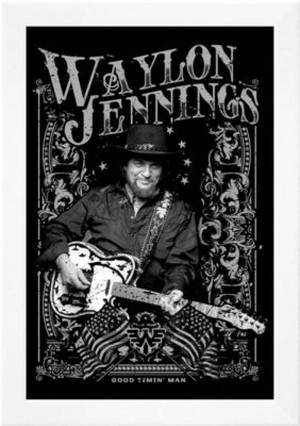 Waylon Jennings 在一張裝飾海報上拿著結他，上面有他的名字和專輯名稱。 — 黑白 壁紙