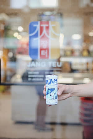 手拿著一罐Lotte Milkis，罐上有史努比在雨傘下，在商店內。