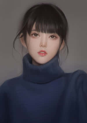 深色頭髮的年輕女性穿著藍色高領毛衣。 — 可愛動漫女仔 壁紙