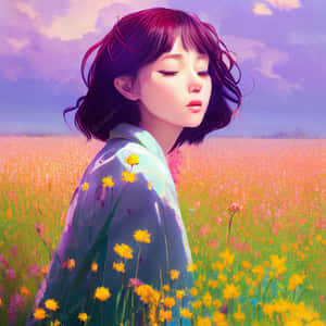 一位紫髮的年輕女子平靜地站在色彩繽紛的花朵田野中。