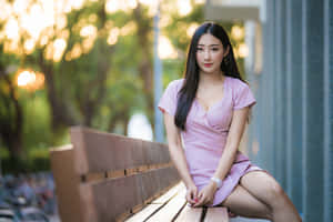 身穿粉紅色連衣裙的女性坐在陽光普照的公園木長椅上 — 模特兒 GIF 壁紙