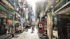 陽光普照的城市小巷，商店和行人在門面之間行走。 — 韓國 壁紙