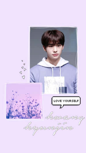 穿著連帽衫的年輕男子，帶有「LOVE YOURSELF」文字和花卉設計的粉彩背景。