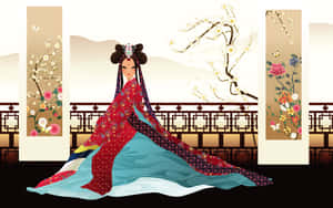 穿著傳統長袍的優雅女性，櫻花和蝴蝶