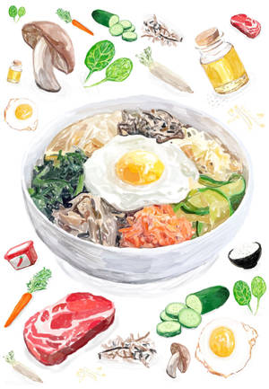 一碗色彩繽紛的韓國石鍋拌飯，配有雞蛋和蔬菜，周圍散落著食材。 — 清新 GIF 壁紙