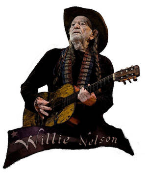 Willie Nelson 手持結他，下方橫幅上有他的名字。