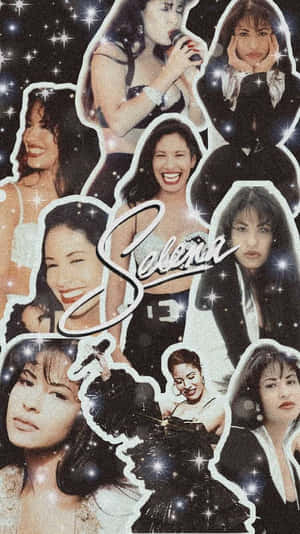 Selena Quintanilla 照片嘅星光背景拼貼，帶有閃爍效果。