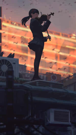 動漫女孩在夕陽城市屋頂上拉小提琴，鳥兒飛翔。