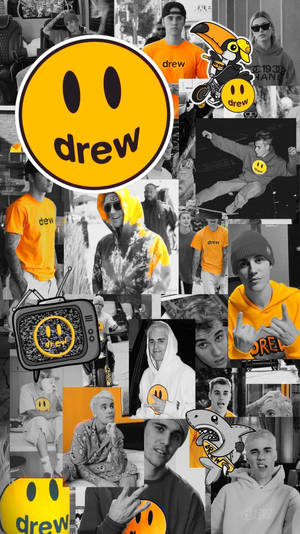 Justin Bieber照片與Drew House橙色笑臉標誌的拼貼畫。
