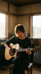 男人在木製錄音室彈奏木結他，陽光和灰塵清晰可見