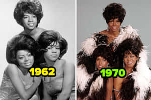 The Supremes 在 1962 年和 1970 年的工作室肖像，展示時尚演變。