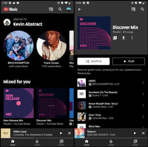YouTube Music 應用程式畫面，顯示探索混音和藝術家推薦。