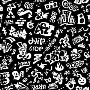 黑白塗鴉圖案，帶有嘻哈圖標和諸如「dope」和「bboy」之類的文字。
