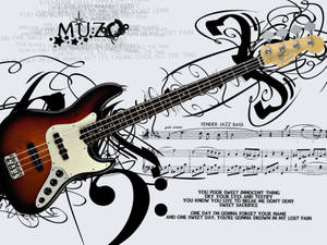 風格化圖形設計中的Fender Jazz Bass結他，帶有音符和歌詞。