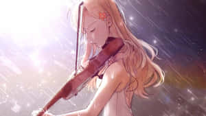 動漫女孩在星雨中拉小提琴，帶有發光的背光。