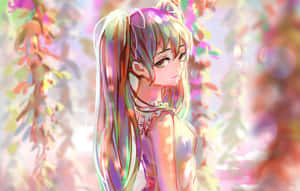 彩虹色頭髮的動漫女孩，在夢幻森林中被閃爍的秋葉環繞。 — 靚靚動畫 壁紙