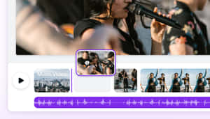 女歌手在音樂會上現場表演，帶有紫色音頻波形。 — 音樂美學 壁紙