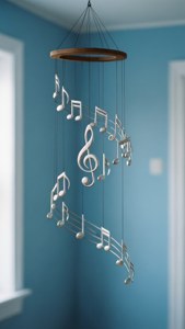 一個藍色房間中音樂音符掛飾的寧靜牆紙。 — 手機 壁紙