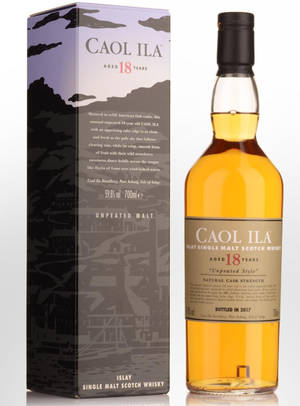 Caol Ila 18年單一麥芽蘇格蘭威士忌瓶和盒子，帶有山脈設計。