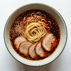 一碗有麵條、芝麻和烤豬肉片的拉麵。