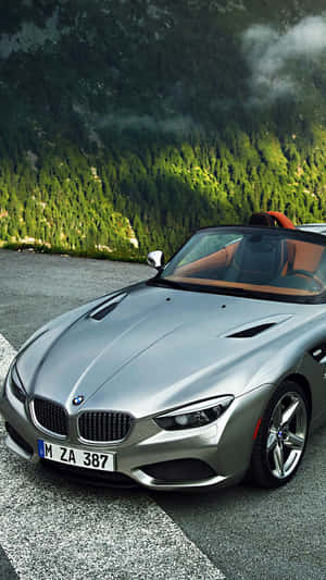 銀色BMW Z8開篷跑車停泊在山路上，有森林和霧氣山峰。