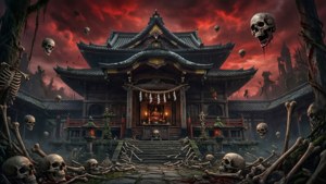 紅色天空下，佈滿頭骨和骨頭的詭異日本神社。 — 宿儺 壁紙