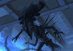藍色燈光下工業環境中的外星生物 — Alienware GIF 壁紙