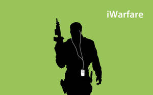 黑色剪影，士兵手持步槍和 iPod，背景為綠色。