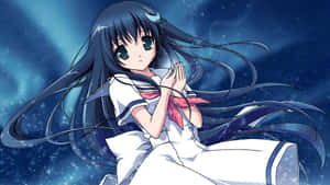 穿著水手服的動漫女孩在繁星點點的夜空中合掌。 — 粉紅動漫美學 壁紙