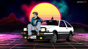 年輕男子坐在白色AE86跑車上，身處霓虹日落景觀。